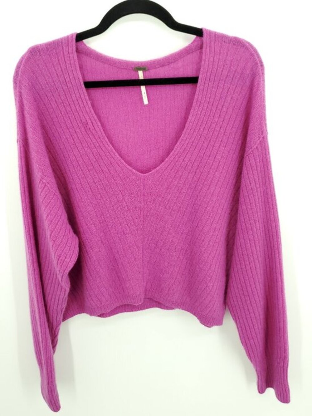 Free People Elias V Neck Ribbed Cashmere Sweater M Magenta Pink/Purple